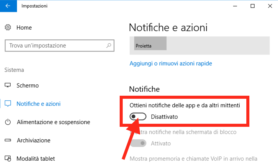 disattivare tutte le notifiche in Windows 10