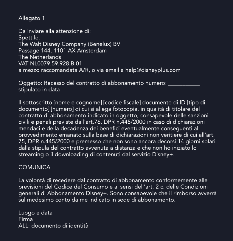 Modulo recesso contratto Disney+