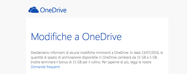 Downgrade di OneDrive, Microsoft riduce lo spazio di archiviazione da 15GB a 5GB